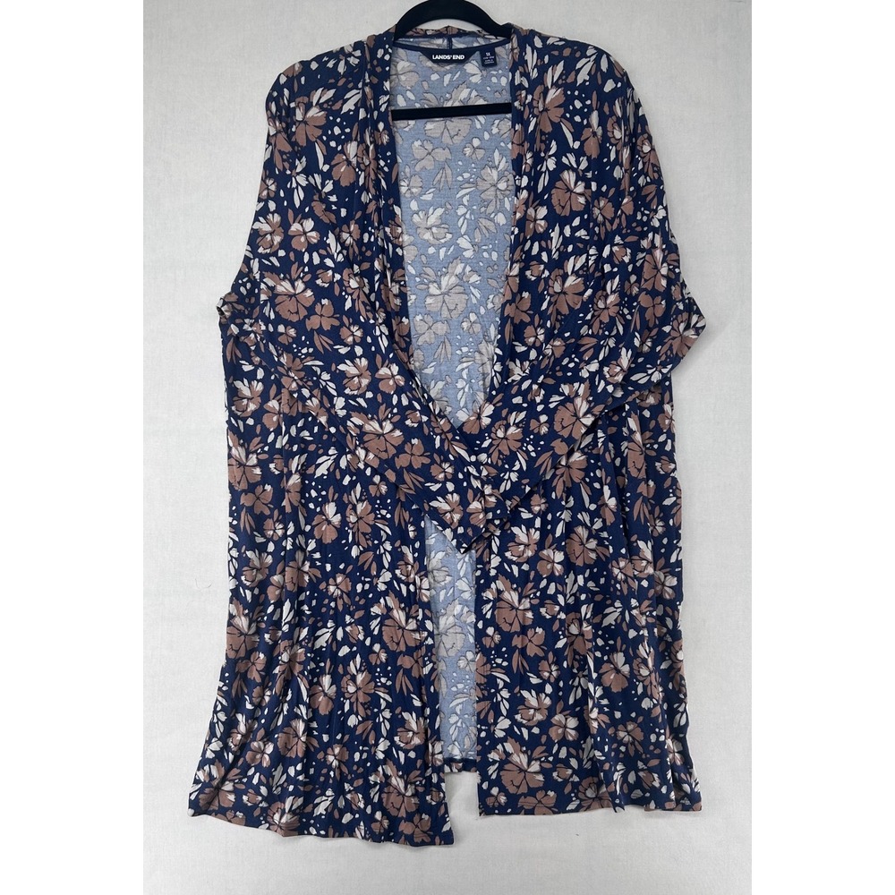 Lands End Floral Open Front Cardigan Navy Blue Tan White Plus Size 1X 16W-18W